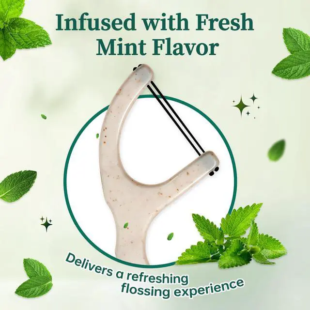 Alt view image 7 of 7 - Biodegradable Dental Floss Picks for Teeth, 200ct Organic Natural Bamboo Charcoal Double Thread Floss Sticks, Flossers for Adults, Vegan Wheat Straw Flossers, Eco Friendly Teeth Cleaning, Mint