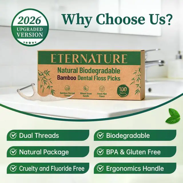 Alt view image 4 of 7 - Biodegradable Dental Floss Picks for Teeth, 200ct Organic Natural Bamboo Charcoal Double Thread Floss Sticks, Flossers for Adults, Vegan Wheat Straw Flossers, Eco Friendly Teeth Cleaning, Mint