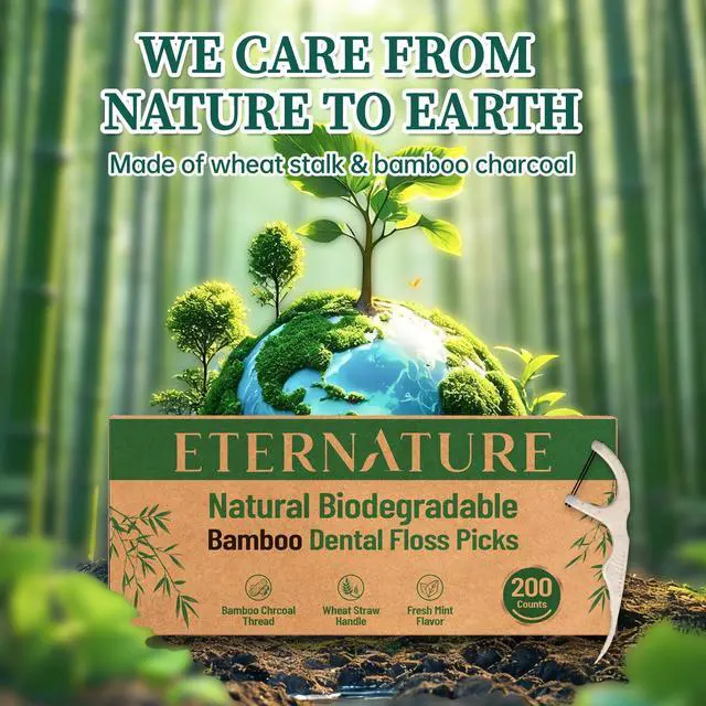 Alt view image 6 of 7 - Biodegradable Dental Floss Picks for Teeth, 200ct Organic Natural Bamboo Charcoal Double Thread Floss Sticks, Flossers for Adults, Vegan Wheat Straw Flossers, Eco Friendly Teeth Cleaning, Mint