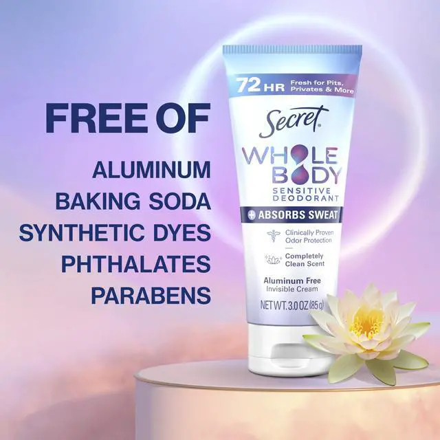 Alt view image 5 of 7 - Whole Body Deodorant Dry Feel Cream + Absorbs Sweat for Women, Completely Clean Scent, Aluminum Free Deodorant, 72 HR Odor Protection, 3.0 oz