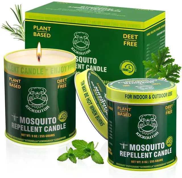Main image of Mosquito Repellent Citronella Candles Outdoor, 2-Pack | Total 18 Ounce 60-Hour DEET-Free Bug Protection for Patio Camping Picnic Backyard Room, Infused with 5 Plant Essential Oils