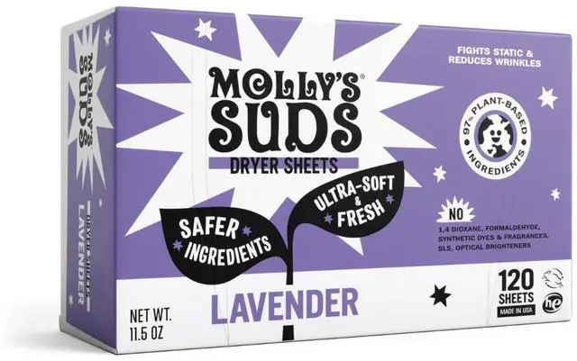 Main image of Fabric Softener Dryer Sheets for Sensitive Skin | Plant-Based Static Reducer, Plastic-Free Packaging | Lavender (120 Sheets)