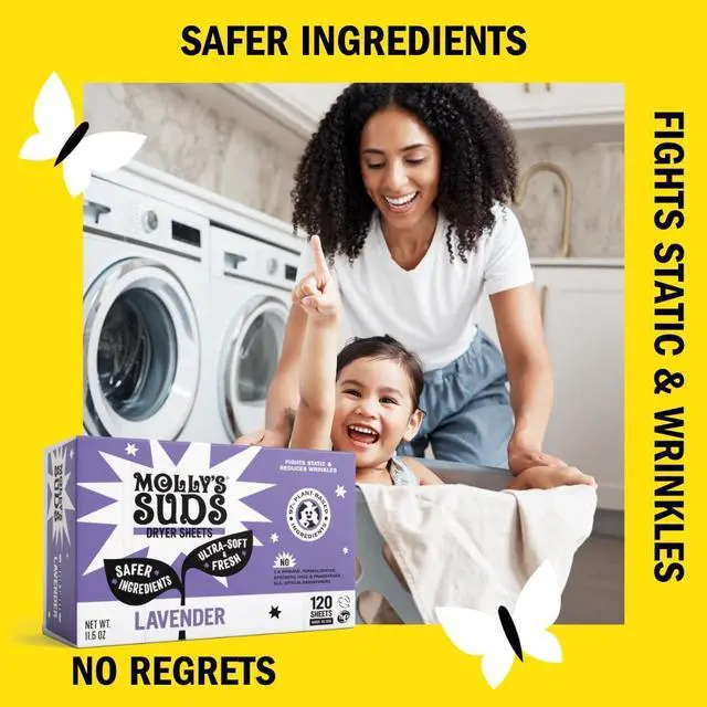 Alt view image 6 of 7 - Fabric Softener Dryer Sheets for Sensitive Skin | Plant-Based Static Reducer, Plastic-Free Packaging | Lavender (120 Sheets)