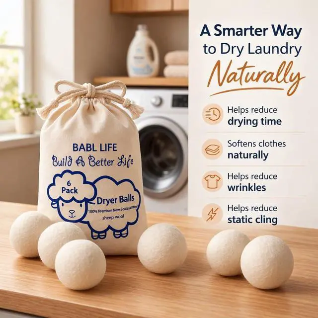 Alt view image 2 of 7 - Wool Dryer Balls 6 Pack, 100% New Zealand Wool, Reusable Dryer Balls for Laundry, Natural Fabric Softener, Helps Reduce Drying Time, Wrinkles & Static Cling, 2.6 Inch
