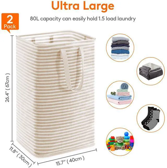 Alt view image 3 of 7 - 2 Pack Laundry Basket 80L Each, Collapsible Clothes Hamper with Reinforced Handles, Freestanding Waterproof Design for Bedroom and Laundry Room, Beige 160L Total