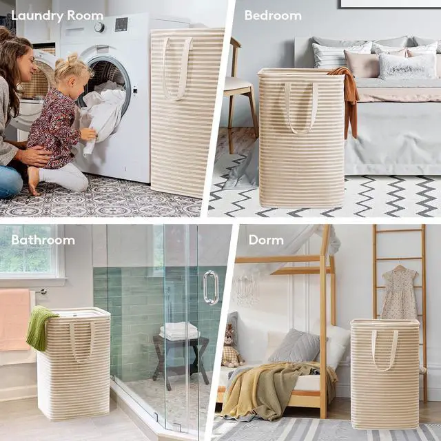 Alt view image 6 of 7 - 2 Pack Laundry Basket 80L Each, Collapsible Clothes Hamper with Reinforced Handles, Freestanding Waterproof Design for Bedroom and Laundry Room, Beige 160L Total