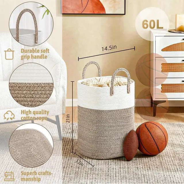 Alt view image 2 of 6 - Laundry Basket,Woven Cotton Rope Laundry Hamper,Versatile Storage for Dirty Clothes,Baby Toys,and Blankets in Bathroom, Nursery,and Living Room (Brown, 60L)