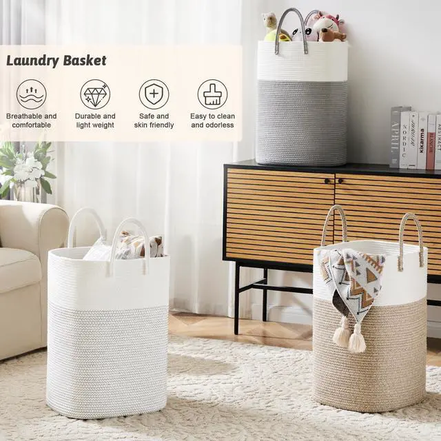 Alt view image 4 of 6 - Laundry Basket,Woven Cotton Rope Laundry Hamper,Versatile Storage for Dirty Clothes,Baby Toys,and Blankets in Bathroom, Nursery,and Living Room (Brown, 60L)