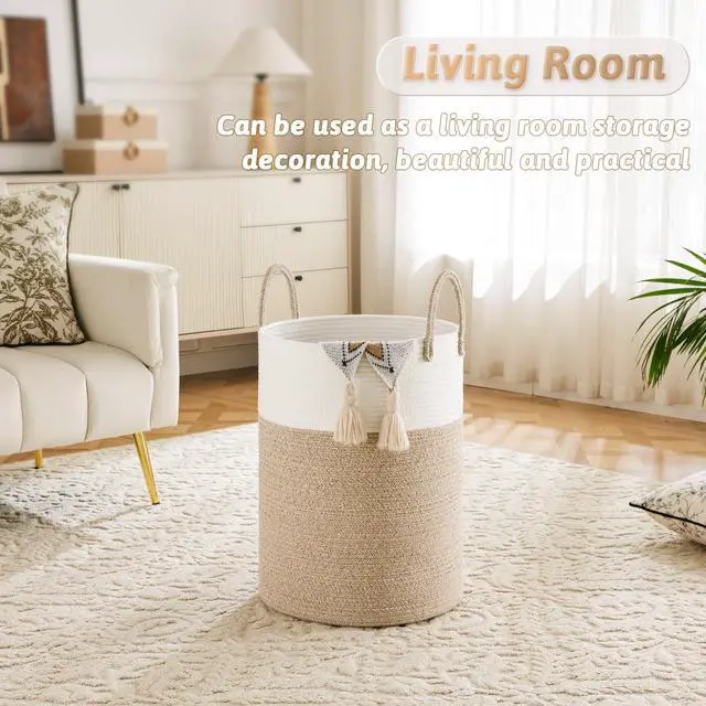 Alt view image 5 of 6 - Laundry Basket,Woven Cotton Rope Laundry Hamper,60L for Decor Storage of Dirty Clothes,Toys and Blankets in Bathroom,Baby Room and Living Room