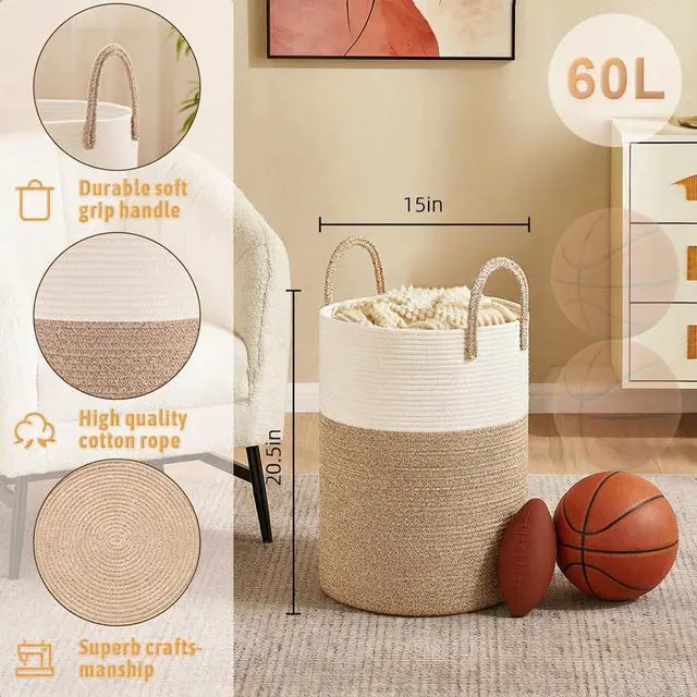 Alt view image 6 of 6 - Laundry Basket,Woven Cotton Rope Laundry Hamper,60L for Decor Storage of Dirty Clothes,Toys and Blankets in Bathroom,Baby Room and Living Room