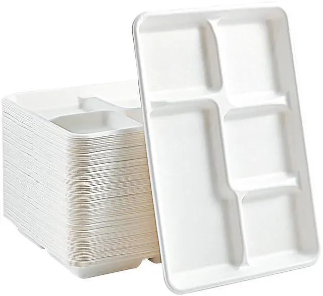 Main image of 100% Compostable 5 Compartment Paper Plates, 100 Pack, 12.5 x 8.6 inch Disposable School Lunch Trays, Eco-Friendly Bagasse Plates for Buffet, and Party