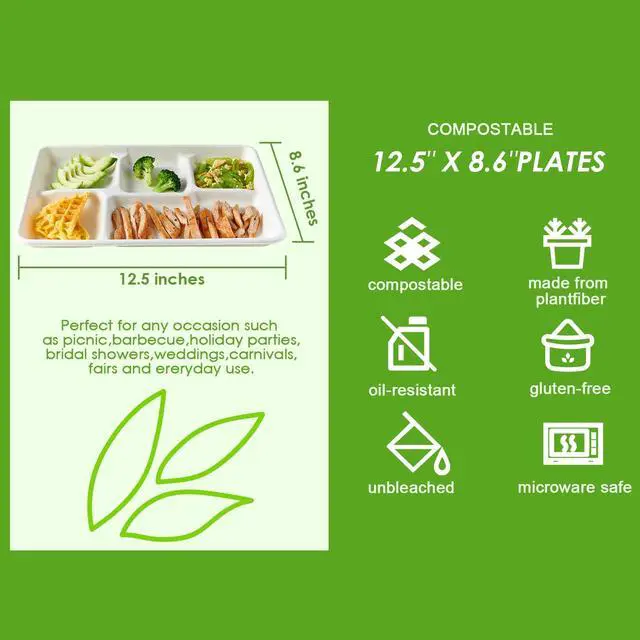 Alt view image 3 of 7 - 100% Compostable 5 Compartment Paper Plates, 100 Pack, 12.5 x 8.6 inch Disposable School Lunch Trays, Eco-Friendly Bagasse Plates for Buffet, and Party