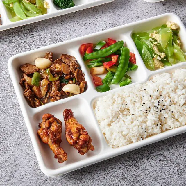 Alt view image 6 of 7 - 100% Compostable 5 Compartment Paper Plates, 100 Pack, 12.5 x 8.6 inch Disposable School Lunch Trays, Eco-Friendly Bagasse Plates for Buffet, and Party