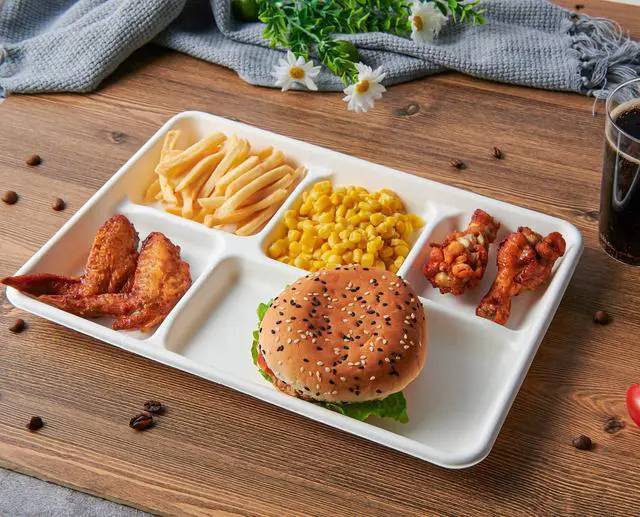 Alt view image 2 of 7 - 100% Compostable 5 Compartment Paper Plates, 100 Pack, 12.5 x 8.6 inch Disposable School Lunch Trays, Eco-Friendly Bagasse Plates for Buffet, and Party