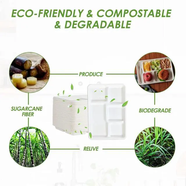 Alt view image 5 of 7 - 100% Compostable 5 Compartment Paper Plates, 100 Pack, 12.5 x 8.6 inch Disposable School Lunch Trays, Eco-Friendly Bagasse Plates for Buffet, and Party