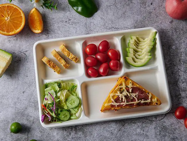 Alt view image 4 of 7 - 100% Compostable 5 Compartment Paper Plates, 100 Pack, 12.5 x 8.6 inch Disposable School Lunch Trays, Eco-Friendly Bagasse Plates for Buffet, and Party