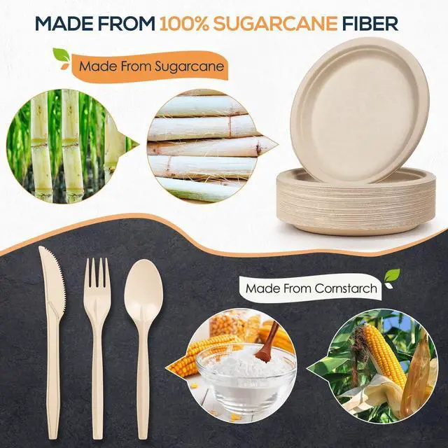 Alt view image 2 of 7 - 250Pcs Disposable Paper Plates Set, Compostable Plate Sugarcane Utensils Eco Friendly Dinnerware Kit Includes 50 Biodegradable Plates, Forks, Knives and Spoons for Brithday Party Camping