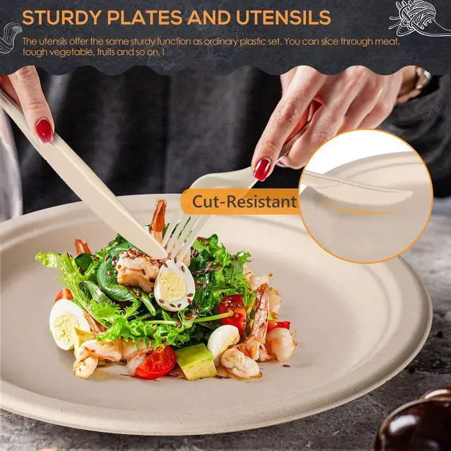 Alt view image 3 of 7 - 250Pcs Disposable Paper Plates Set, Compostable Plate Sugarcane Utensils Eco Friendly Dinnerware Kit Includes 50 Biodegradable Plates, Forks, Knives and Spoons for Brithday Party Camping