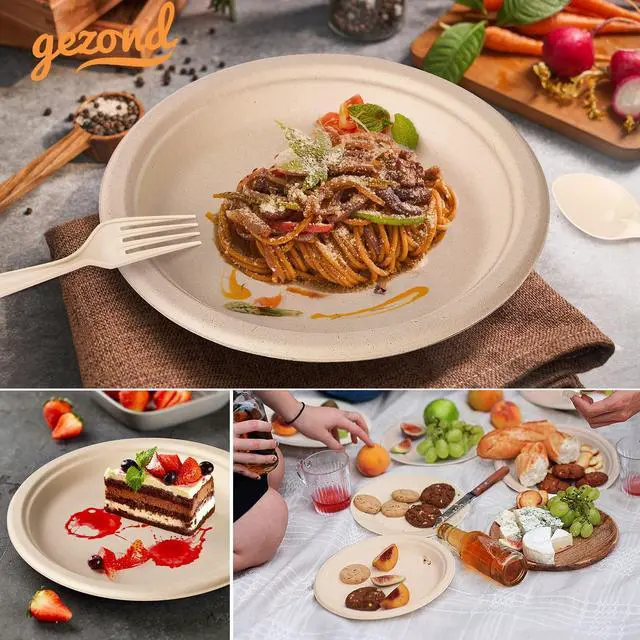 Alt view image 4 of 7 - 250Pcs Disposable Paper Plates Set, Compostable Plate Sugarcane Utensils Eco Friendly Dinnerware Kit Includes 50 Biodegradable Plates, Forks, Knives and Spoons for Brithday Party Camping