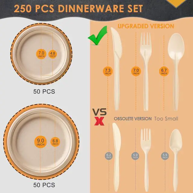 Alt view image 6 of 7 - 250Pcs Disposable Paper Plates Set, Compostable Plate Sugarcane Utensils Eco Friendly Dinnerware Kit Includes 50 Biodegradable Plates, Forks, Knives and Spoons for Brithday Party Camping