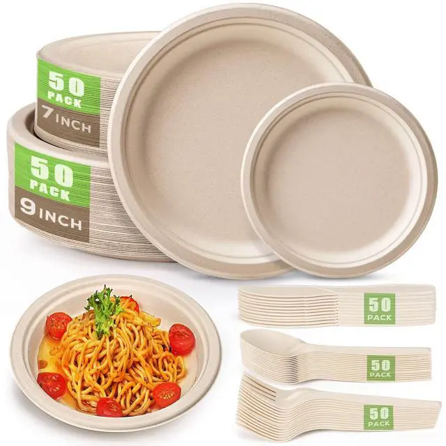 Main image of 250Pcs Disposable Paper Plates Set, Compostable Plate Sugarcane Utensils Eco Friendly Dinnerware Kit Includes 50 Biodegradable Plates, Forks, Knives and Spoons for Brithday Party Camping