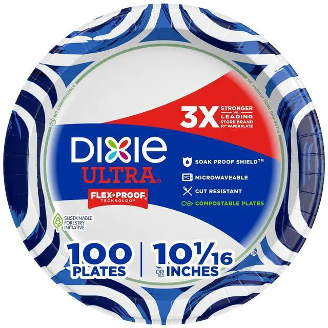 Main image of Ultra, Large Paper Plates, 10 Inch, 100 Count, 3X Stronger*, Heavy Duty, Microwave-Safe, Soak-Proof, Cut Resistant, Disposable Plates For Heavy, Messy Meals
