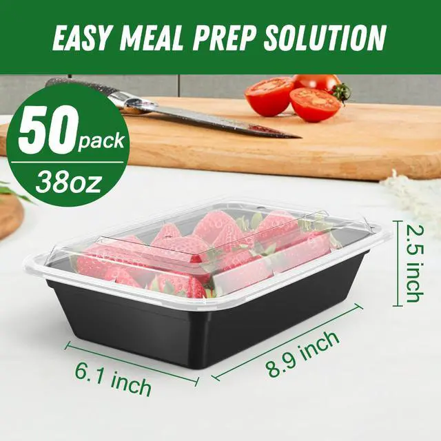 Alt view image 2 of 7 - 50 Pack (100-Piece) 38 oz Meal Prep Containers Reusable with Lids, Sturdy Leakproof & Food Safe, Microwave, Freezer, Dishwasher Safe Prep Containers, To Go Take Out Plastic Food Storage