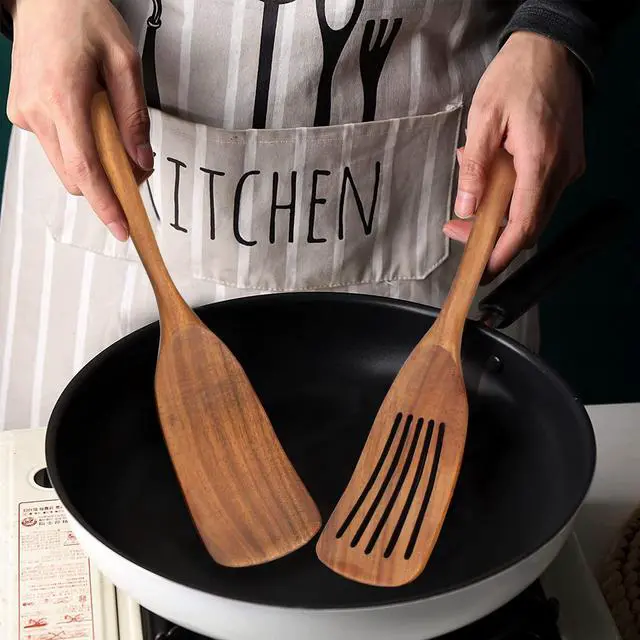 Main image of 2 Pack Wooden Non Toxic Spatulas for Kitchen Utensils Set Acacia Wood Cooking Spatula Flat Wok Pancake Turner Bamboo Slotted Spoon for Cooking Utensil Spurtle Scraper Long Fish Egg Flipper Spatulas