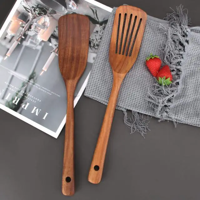Alt view image 3 of 6 - 2 Pack Wooden Non Toxic Spatulas for Kitchen Utensils Set Acacia Wood Cooking Spatula Flat Wok Pancake Turner Bamboo Slotted Spoon for Cooking Utensil Spurtle Scraper Long Fish Egg Flipper Spatulas