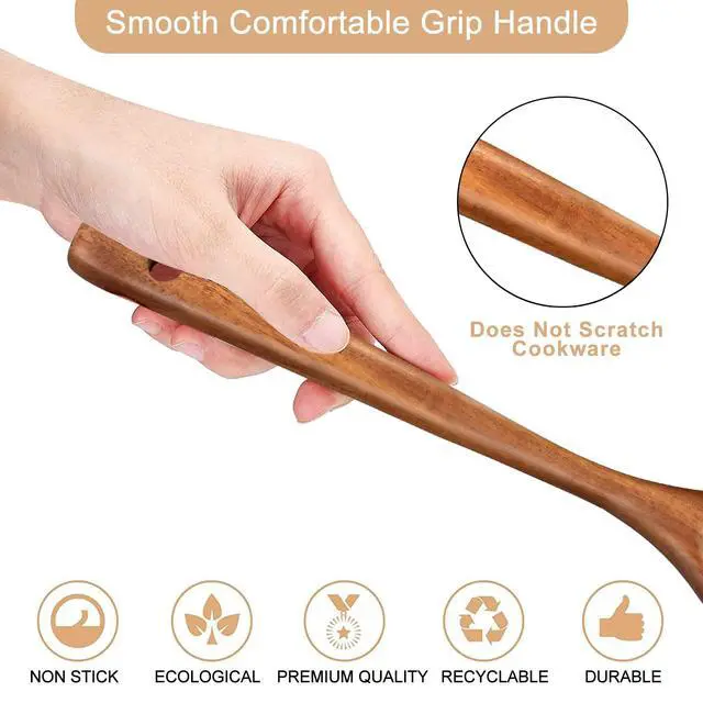 Alt view image 4 of 6 - 2 Pack Wooden Non Toxic Spatulas for Kitchen Utensils Set Acacia Wood Cooking Spatula Flat Wok Pancake Turner Bamboo Slotted Spoon for Cooking Utensil Spurtle Scraper Long Fish Egg Flipper Spatulas