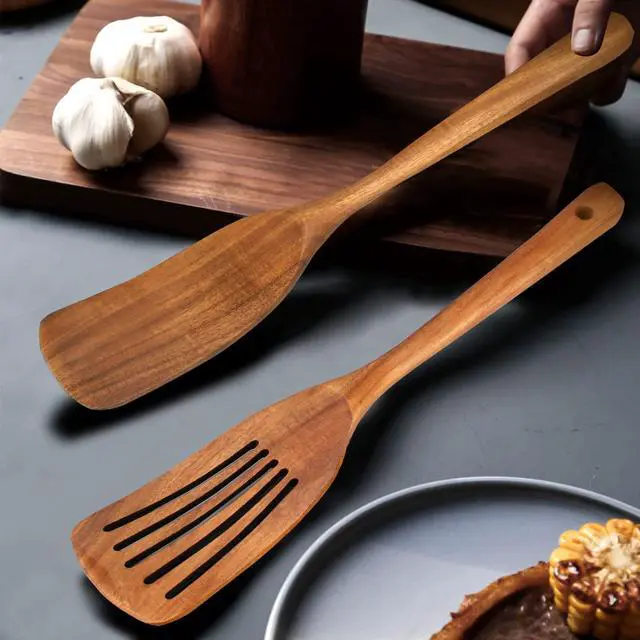Alt view image 5 of 6 - 2 Pack Wooden Non Toxic Spatulas for Kitchen Utensils Set Acacia Wood Cooking Spatula Flat Wok Pancake Turner Bamboo Slotted Spoon for Cooking Utensil Spurtle Scraper Long Fish Egg Flipper Spatulas