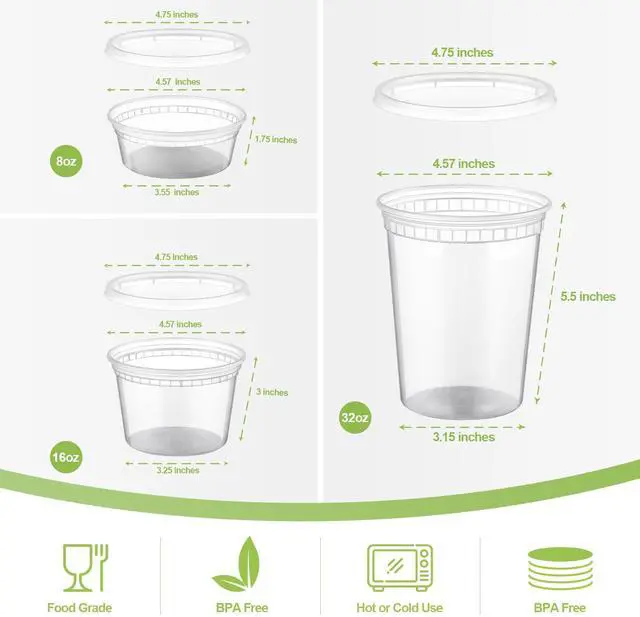 Alt view image 2 of 6 - 24 Sets Plastic Deli Food Containers With Lids, 8 oz 16oz 32oz Variety pack, Airtight Food Storage Containers, Freezer/Dishwasher/Microwave Safe, Soup Containers For Takeout Food Storage