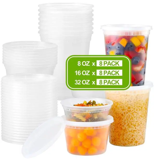 Main image of 24 Sets Plastic Deli Food Containers With Lids, 8 oz 16oz 32oz Variety pack, Airtight Food Storage Containers, Freezer/Dishwasher/Microwave Safe, Soup Containers For Takeout Food Storage