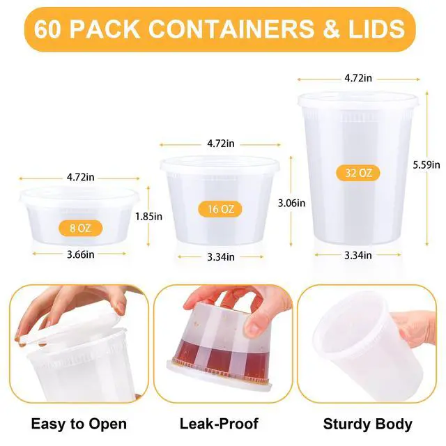 Alt view image 2 of 7 - 60 Sets Deli Containers with Lids, 32/16/8 oz X 20 Set Each, Leak-Proof & BPA Free Airtight Stackable Takeout Plastic Food Storage Containers, Freezer/Microwave/Dishwasher Safe