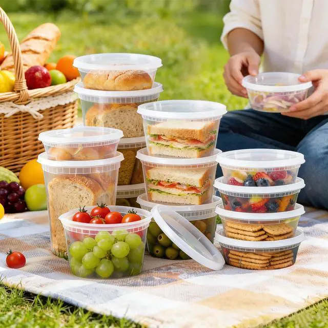 Alt view image 6 of 7 - 60 Sets Deli Containers with Lids, 32/16/8 oz X 20 Set Each, Leak-Proof & BPA Free Airtight Stackable Takeout Plastic Food Storage Containers, Freezer/Microwave/Dishwasher Safe