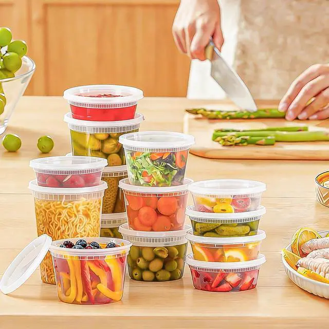Alt view image 5 of 7 - 60 Sets Deli Containers with Lids, 32/16/8 oz X 20 Set Each, Leak-Proof & BPA Free Airtight Stackable Takeout Plastic Food Storage Containers, Freezer/Microwave/Dishwasher Safe