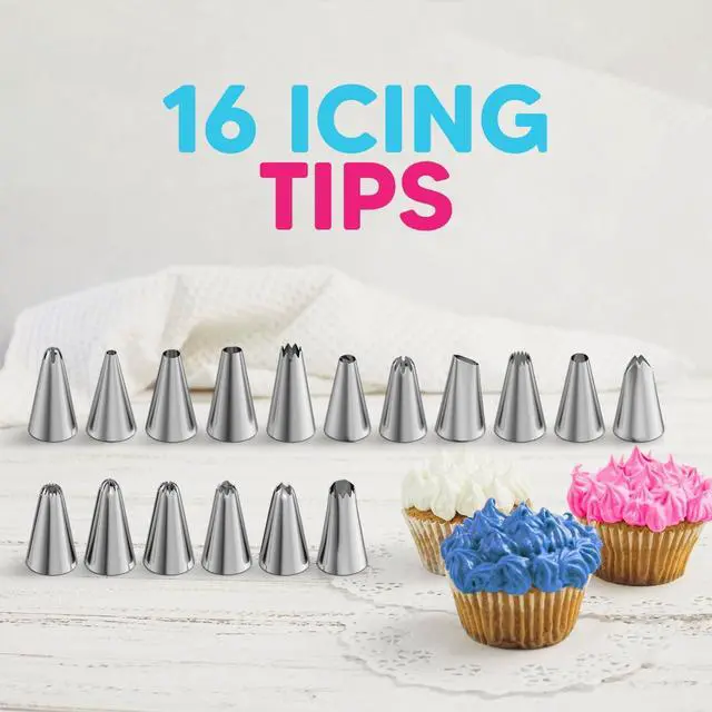 Alt view image 2 of 7 - Piping Bags and Tips Set, 11.8 Inch 100 Anti Burst Piping Bags, 124 Pcs Cake Decorating Kit with 16 Piping Tips, 1 Reusable Pastry Bags, 3 Cake Scrapers, 2 Couplers, and 2 Icing Bags Ties