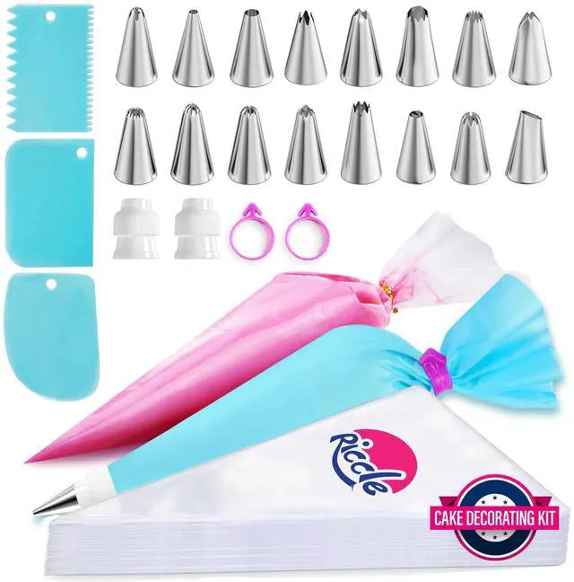 Main image of Piping Bags and Tips Set, 11.8 Inch 100 Anti Burst Piping Bags, 124 Pcs Cake Decorating Kit with 16 Piping Tips, 1 Reusable Pastry Bags, 3 Cake Scrapers, 2 Couplers, and 2 Icing Bags Ties
