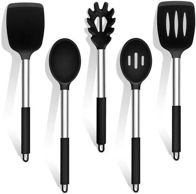 Main image of Cooking Utensils Set, 5 PCS Silicone Kitchen Utensils with Stainless Steel Handle, for Nonstick Cookware Flipping Frying Turning Draining, Heatproof & Healthy, Nonstick & Easy Clean, Black