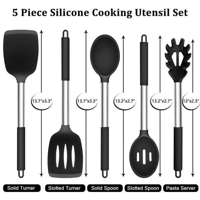 Alt view image 2 of 7 - Cooking Utensils Set, 5 PCS Silicone Kitchen Utensils with Stainless Steel Handle, for Nonstick Cookware Flipping Frying Turning Draining, Heatproof & Healthy, Nonstick & Easy Clean, Black