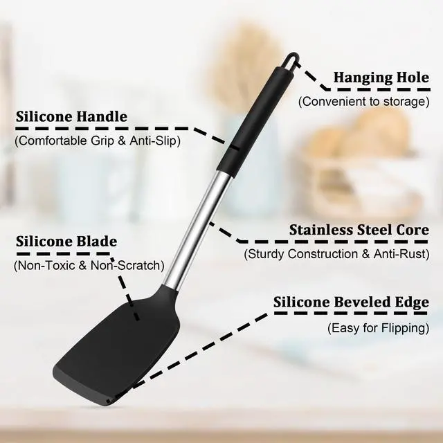 Alt view image 3 of 7 - Cooking Utensils Set, 5 PCS Silicone Kitchen Utensils with Stainless Steel Handle, for Nonstick Cookware Flipping Frying Turning Draining, Heatproof & Healthy, Nonstick & Easy Clean, Black