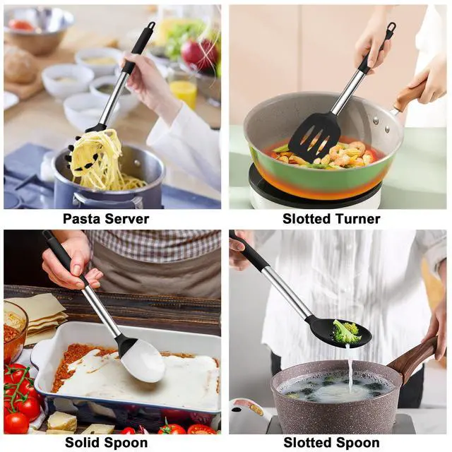 Alt view image 4 of 7 - Cooking Utensils Set, 5 PCS Silicone Kitchen Utensils with Stainless Steel Handle, for Nonstick Cookware Flipping Frying Turning Draining, Heatproof & Healthy, Nonstick & Easy Clean, Black