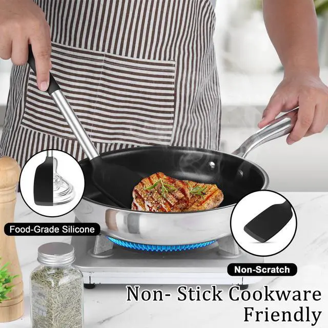 Alt view image 5 of 7 - Cooking Utensils Set, 5 PCS Silicone Kitchen Utensils with Stainless Steel Handle, for Nonstick Cookware Flipping Frying Turning Draining, Heatproof & Healthy, Nonstick & Easy Clean, Black