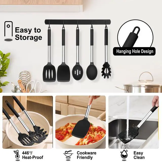 Alt view image 6 of 7 - Cooking Utensils Set, 5 PCS Silicone Kitchen Utensils with Stainless Steel Handle, for Nonstick Cookware Flipping Frying Turning Draining, Heatproof & Healthy, Nonstick & Easy Clean, Black
