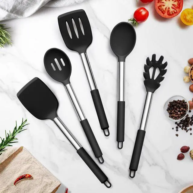 Alt view image 7 of 7 - Cooking Utensils Set, 5 PCS Silicone Kitchen Utensils with Stainless Steel Handle, for Nonstick Cookware Flipping Frying Turning Draining, Heatproof & Healthy, Nonstick & Easy Clean, Black