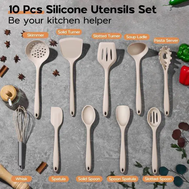 Alt view image 2 of 7 - Silicone Cooking Utensils Set of 10, Kitchen Utensils for Nonstick Cookware, Heat Resistant & Nontoxic Spatula Set- Khaki