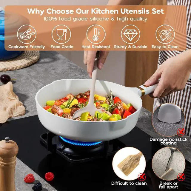 Alt view image 4 of 7 - Silicone Cooking Utensils Set of 10, Kitchen Utensils for Nonstick Cookware, Heat Resistant & Nontoxic Spatula Set- Khaki