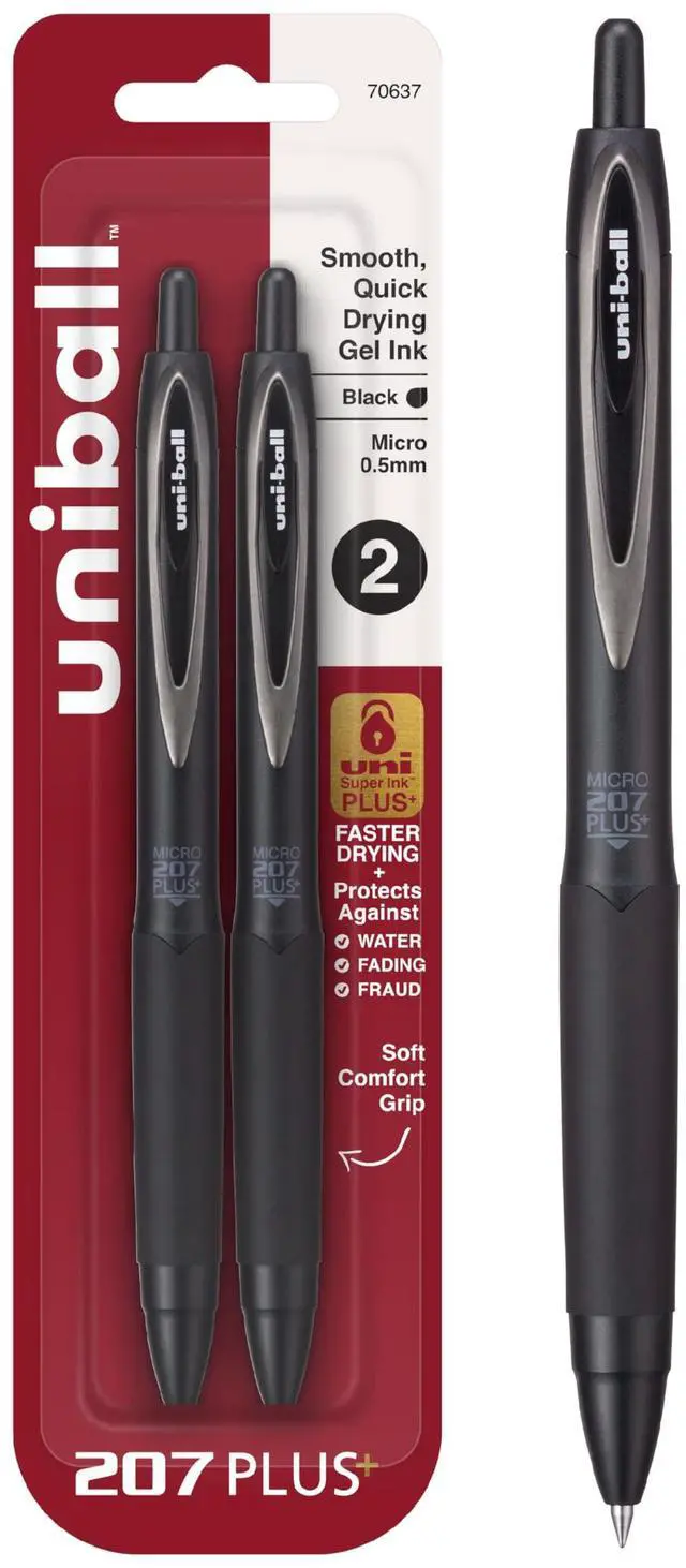 Main image of 207+ Black Retractable Gel Pens 2 Pack with Micro 0.5mm Points, Fraud Proof Office, Nursing, Business, School, Bible Pens