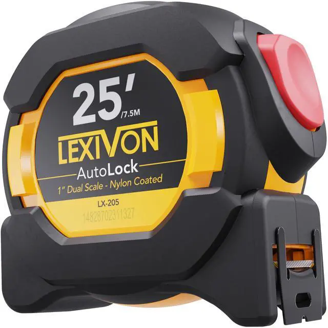 Main image of 25Ft/7.5m AutoLock Tape Measure | 1-Inch Wide Blade with Nylon Coating, Matte Finish White & Yellow Dual Sided Rule Print | Ft/Inch/Fractions/Metric (LX-205)
