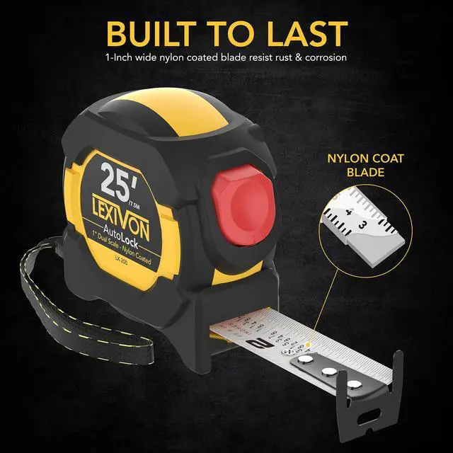 Alt view image 2 of 7 - 25Ft/7.5m AutoLock Tape Measure | 1-Inch Wide Blade with Nylon Coating, Matte Finish White & Yellow Dual Sided Rule Print | Ft/Inch/Fractions/Metric (LX-205)